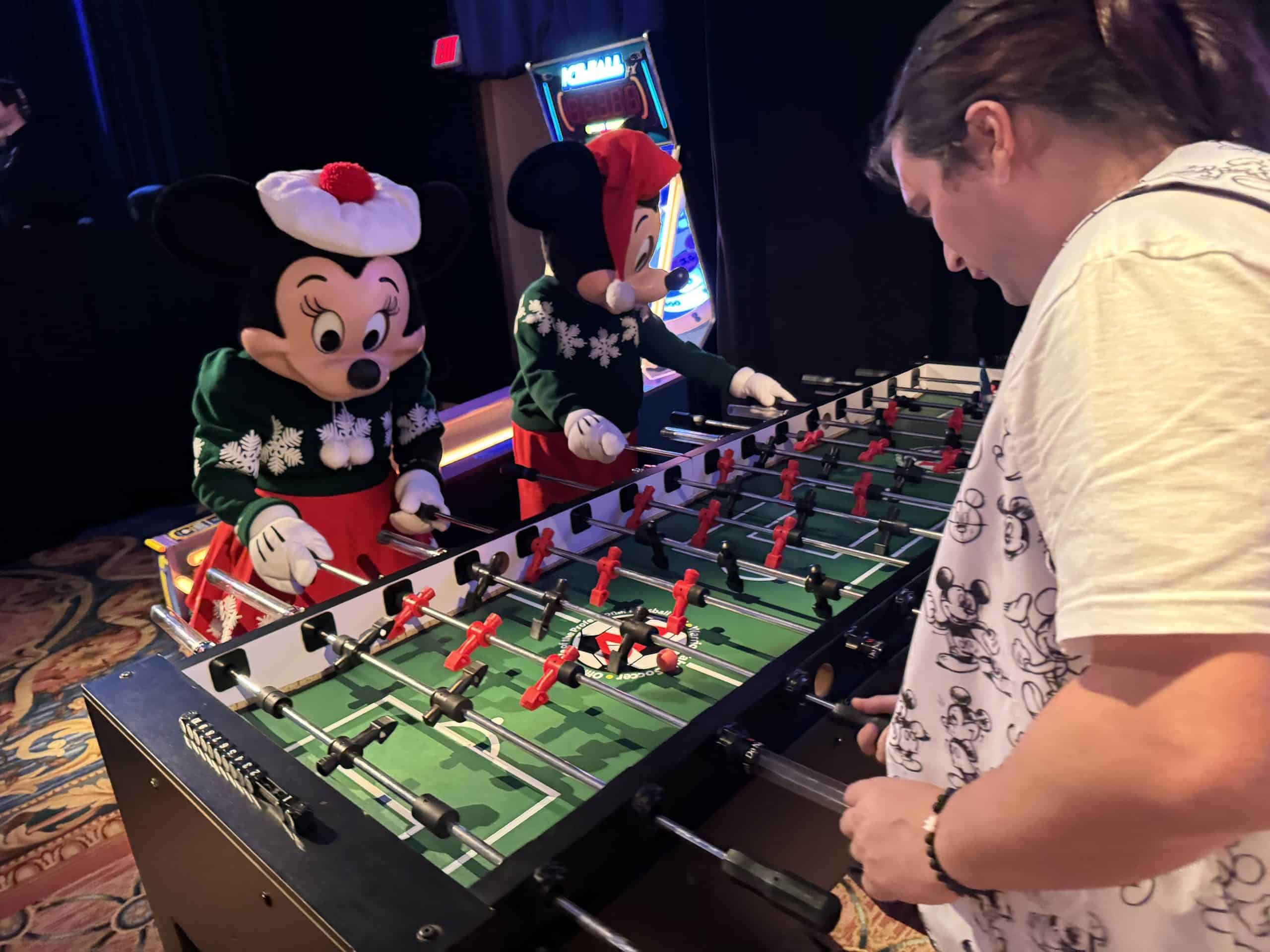 Disney World Christmas Trip report from Mouse Chat Podcast as Mickey and Minnie play fooseball at the boardwalk hotel