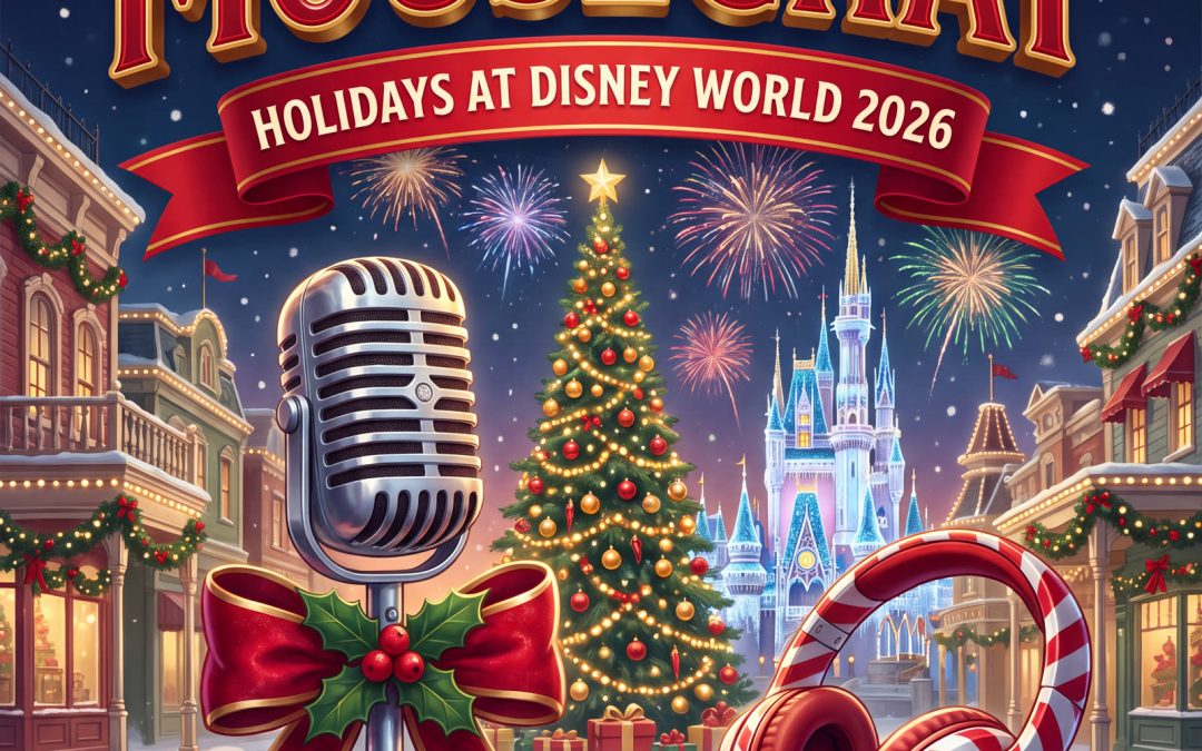 MouseChat Holidays at Disney World 2026 podcast cover with a decorated Main Street, Christmas tree and fireworks