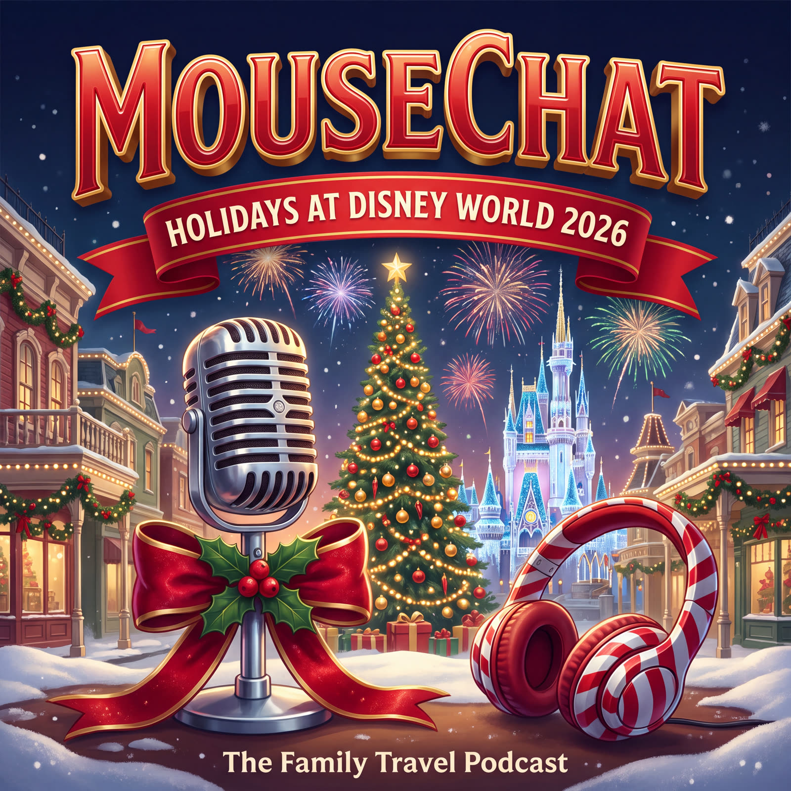 MouseChat Holidays at Disney World 2026 podcast cover with a decorated Main Street, Christmas tree and fireworks